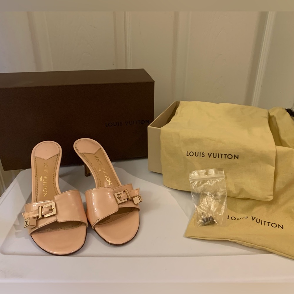 Authentic Louis Vuitton Patent Leather Mule Slide Heels with Box and Dust Bags